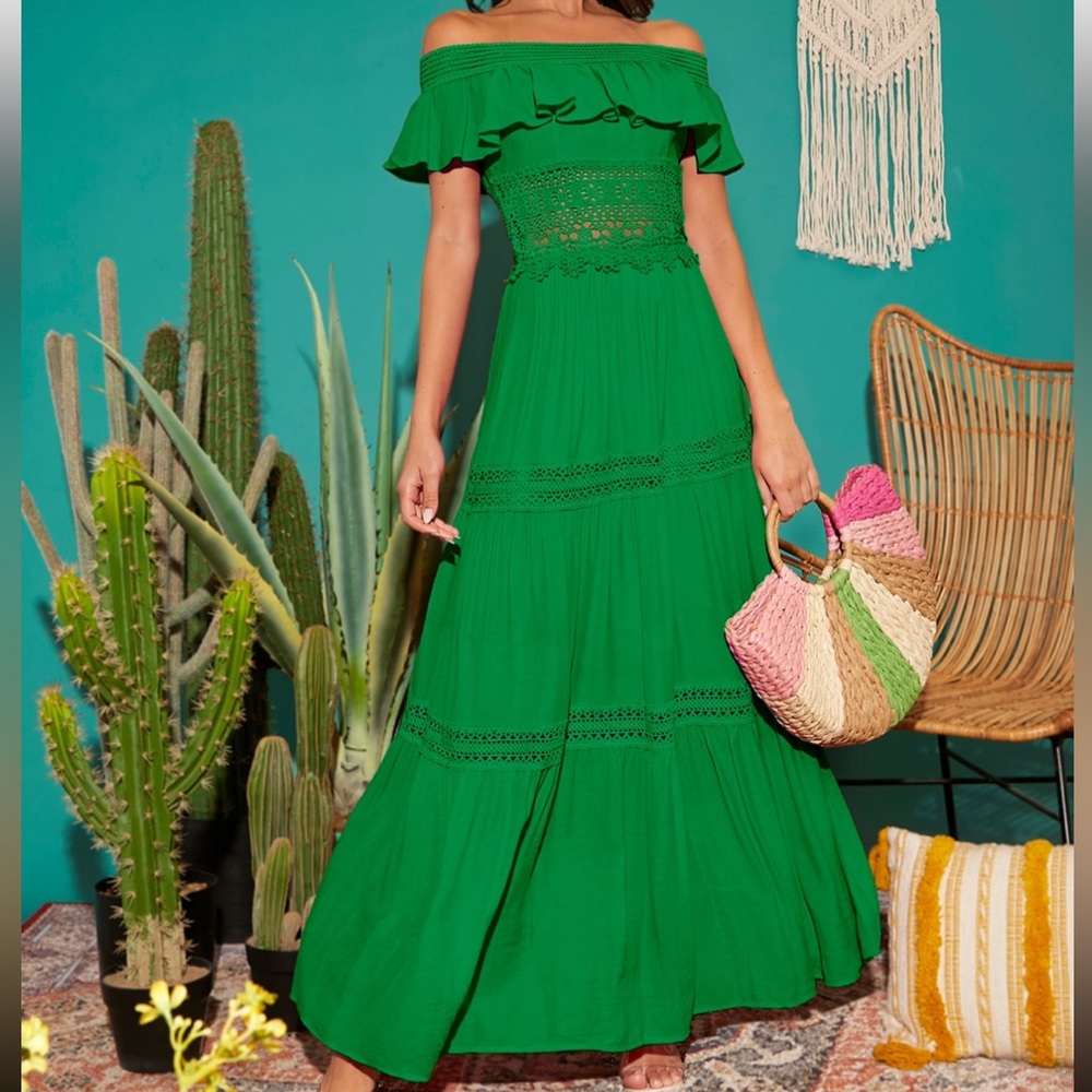 SHEIN ruffle off the shoulder green maxi dress, Size M